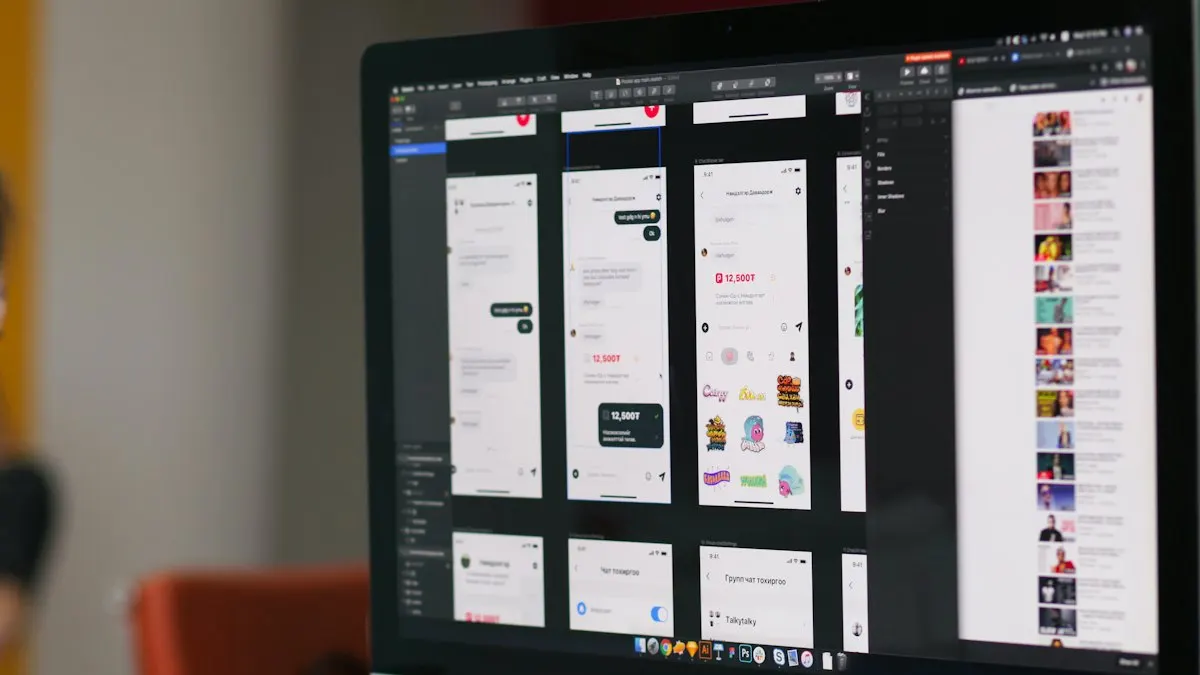 Monitor on a desk showing a design app with a column of phone screen layouts