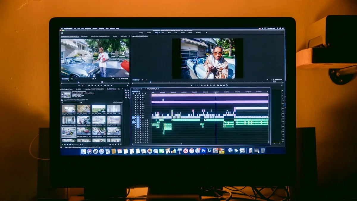 A creative professional editing animation on a large monitor in a studio