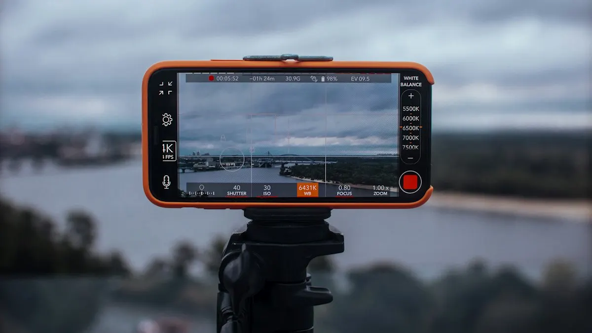 Phone on a tripod showing a vertical video recording screen