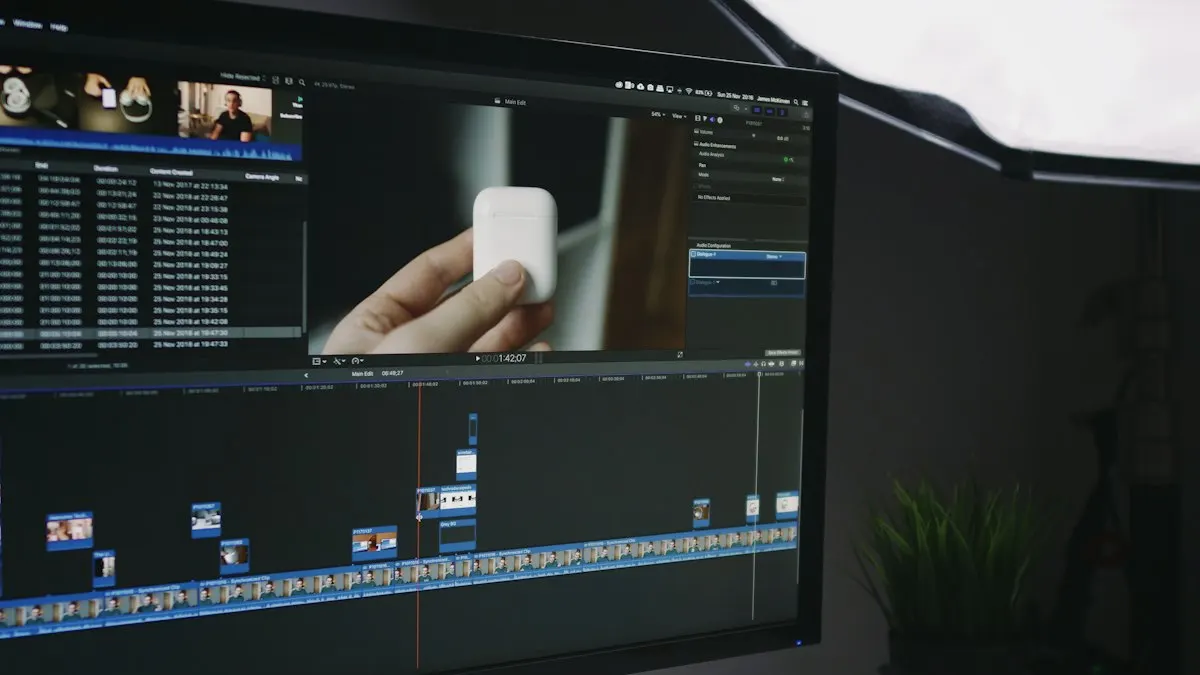 Monitor showing a video editing timeline with a hand holding a small product on screen