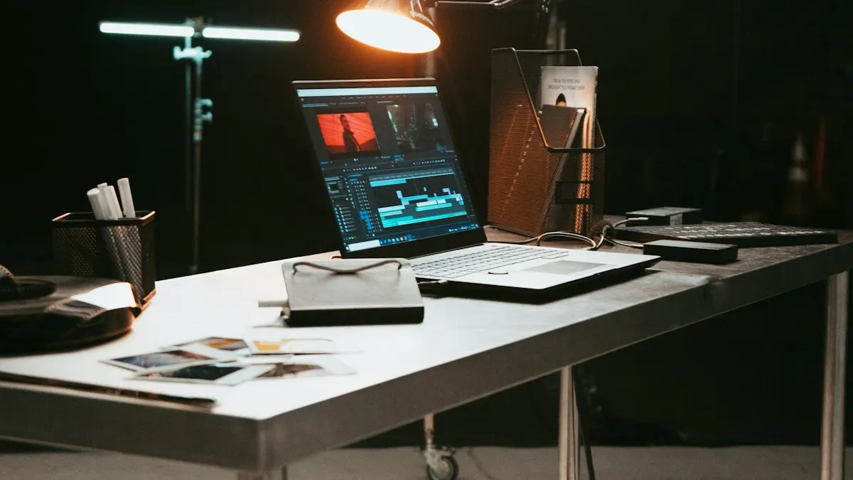 Laptop with a video project open on a metal desk under a studio light