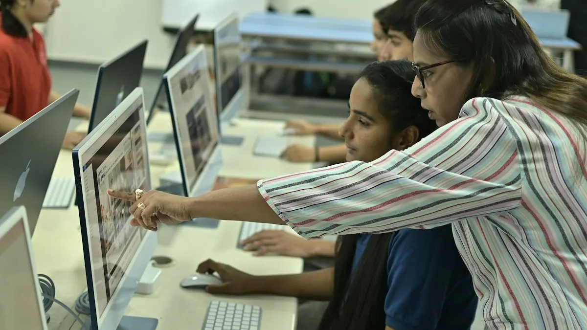 Trainer guiding students working on computers in a multimedia classroom