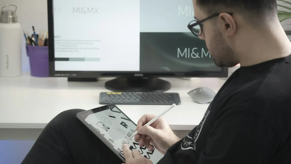 Graphic designer sketching on a tablet with a stylus in front of a desktop monitor