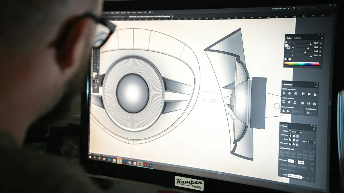 Designer working on a detailed product illustration on a large monitor with tool panels open
