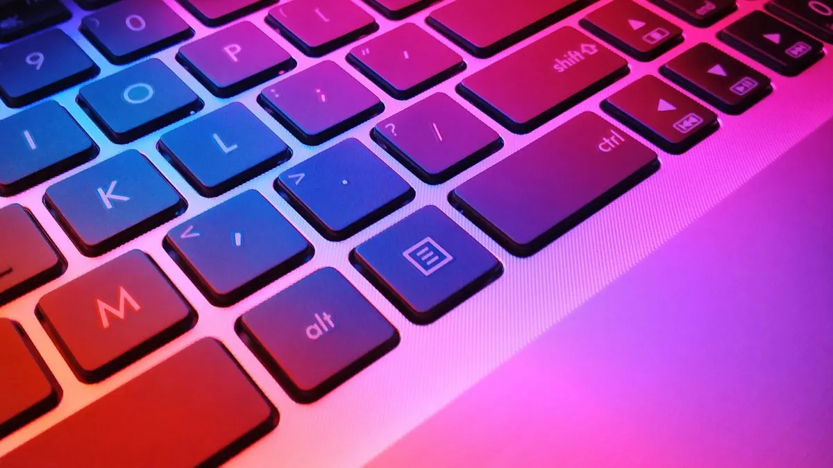 Laptop keyboard close-up with coloured keys for editing shortcuts
