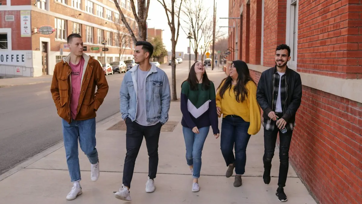 Young students walking together on a city street on their way to a professional course