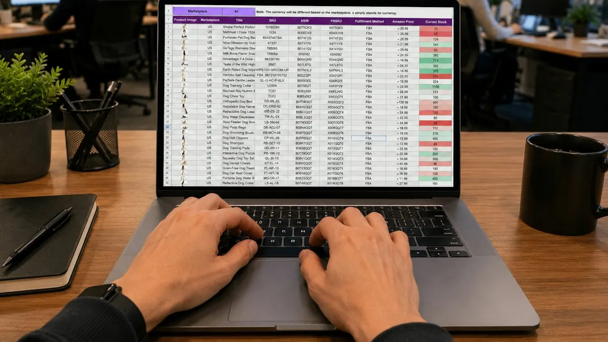 Hands typing on a laptop showing a keyword spreadsheet on an office desk