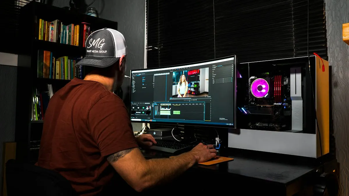 Video editor in a cap editing footage on a wide curved monitor in a home studio
