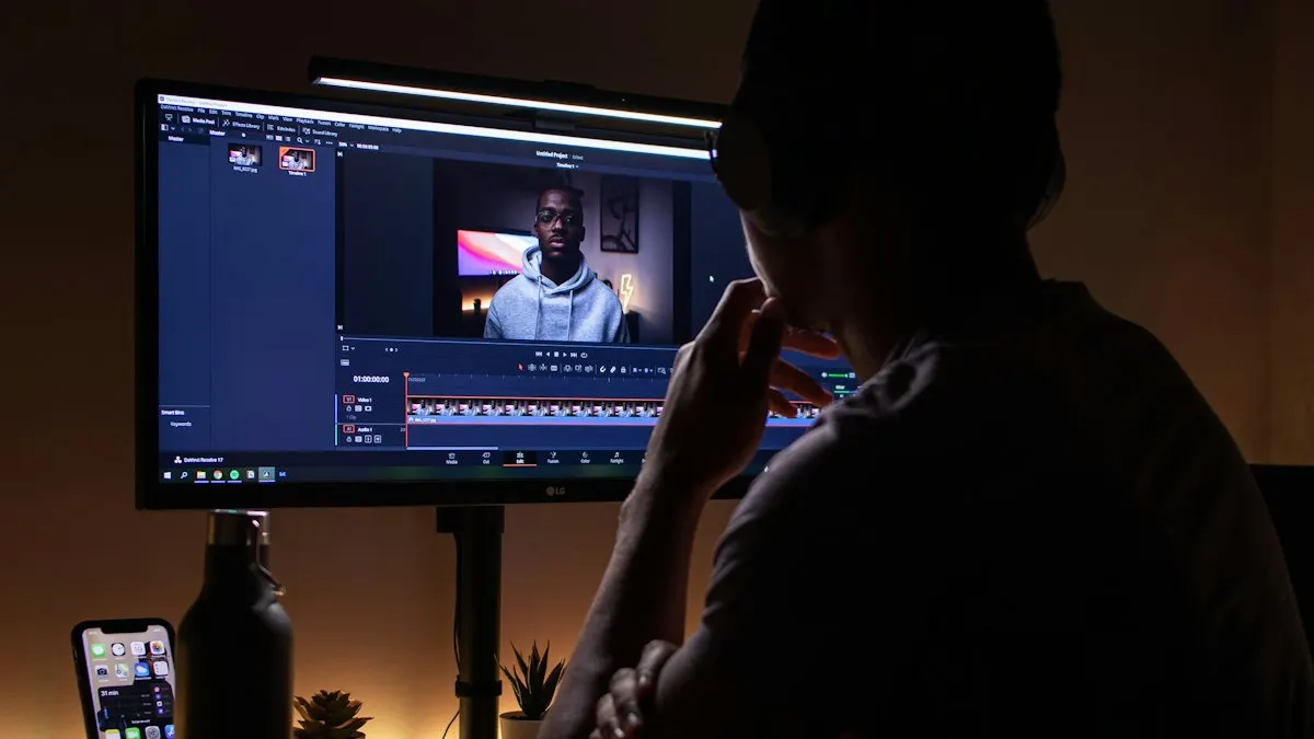 Video editor wearing headphones cutting an interview video on a computer in a dark room