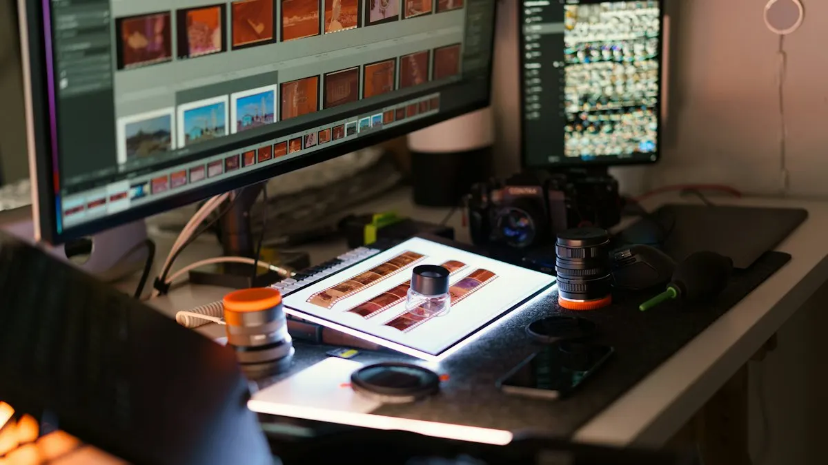 Content creator's editing desk with two monitors, a lightbox and camera gear set up for editing videos