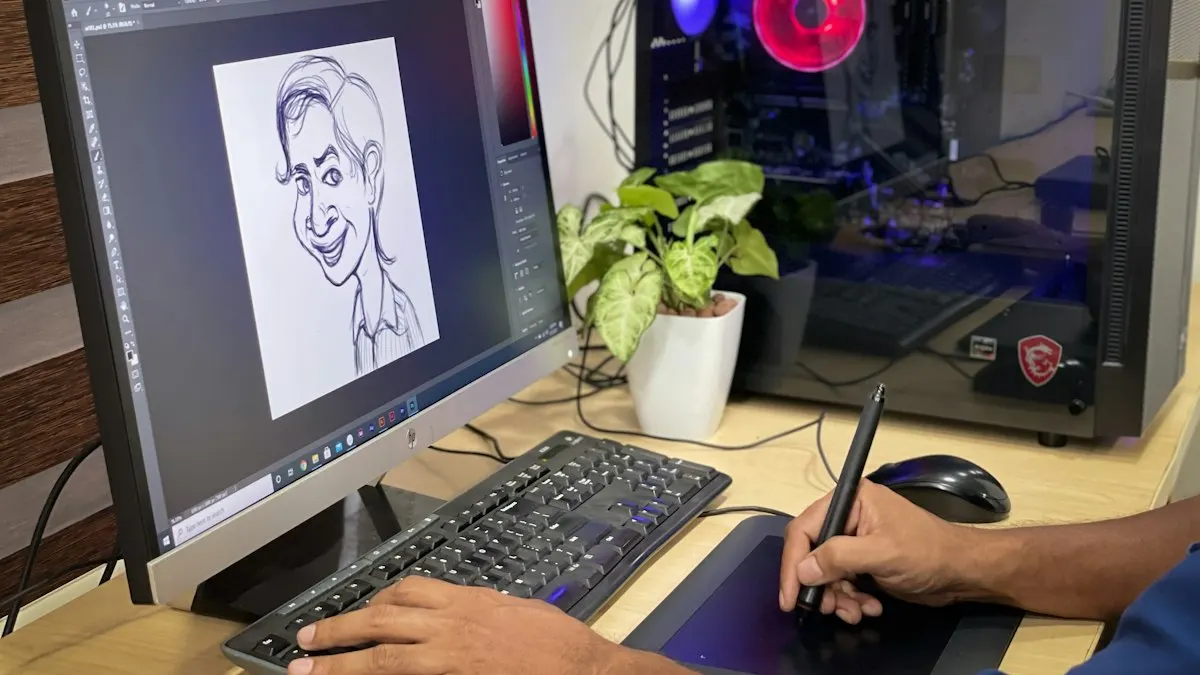 Designer sketching a character on a pen tablet before animating it as motion graphics