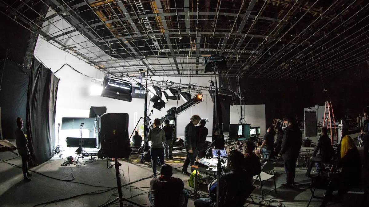 Film crew working with cameras and lights on a large studio set