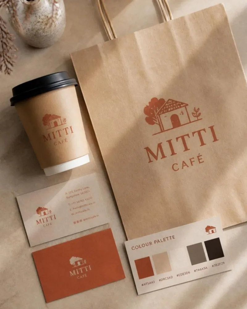 Café brand identity: logo on cup, bag and business cards