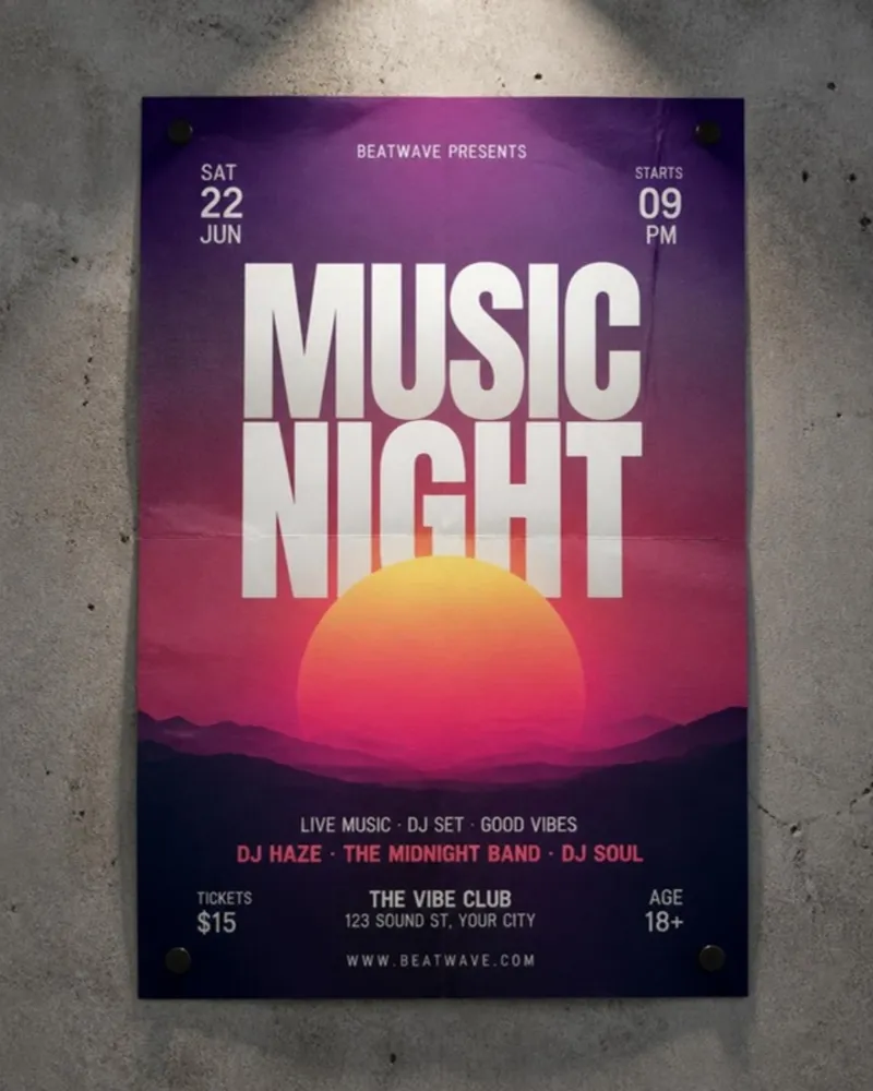 Music night event poster design with bold typography