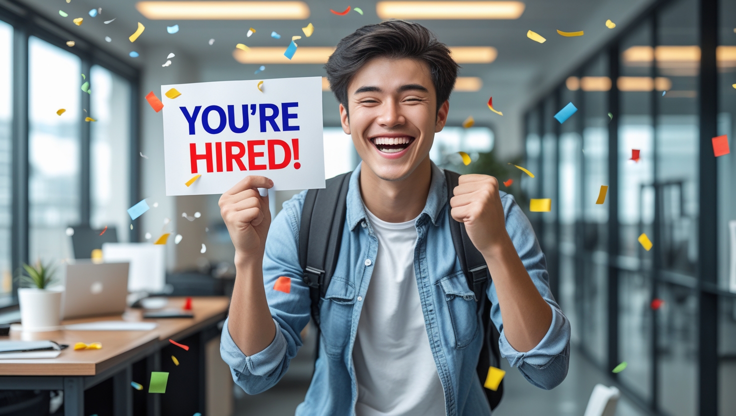 Excited graduate holding 'You're Hired!' sign with confetti