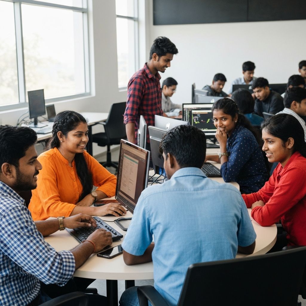 Indian students working on real projects in a collaborative workshop with round table setup